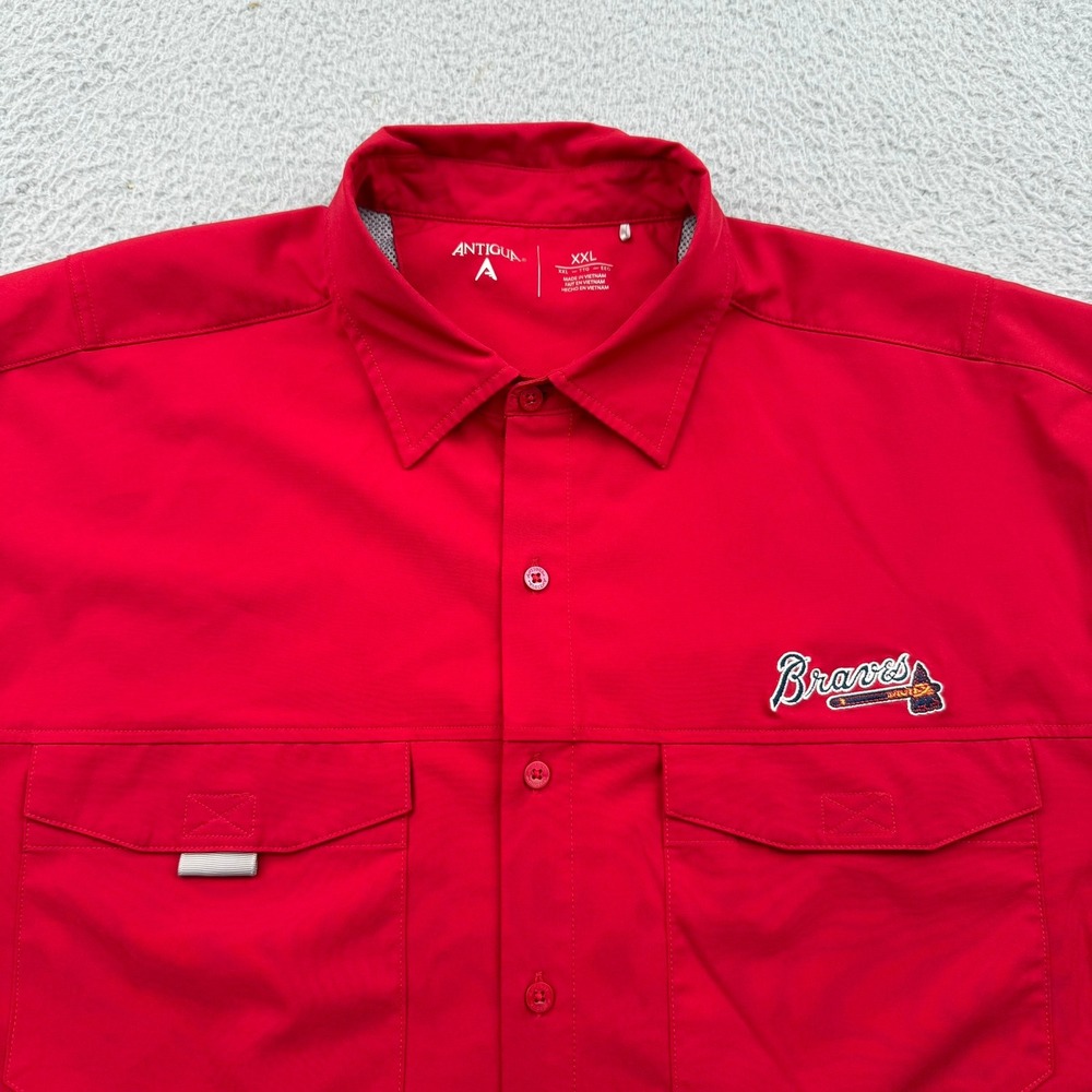 Antigua Atlanta Braves Fishing Shirt Mens XXL Red Short Sleeve Button Down MLB